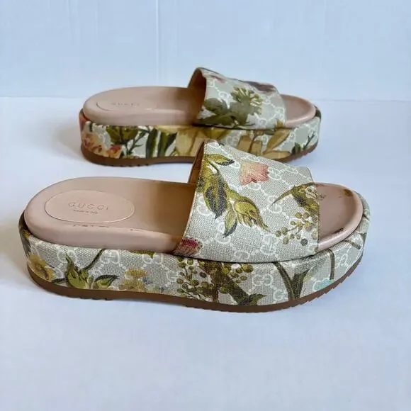 Gucci Angelina Platform Slide Sandals Beige GG Monogram Floral Canvas Size EU 38 - Picture 10 of 14